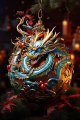 Obraz premium Christmas boll tree decoration with dragon. The symbol of New Year 2024 is the dragon.