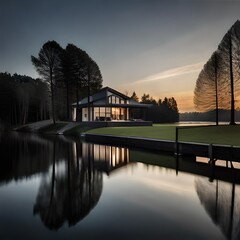 Fototapeta premium A black and white luxury home with a two car garage and black door, professional landscaping, and a lake in the background at sunset.AI generated