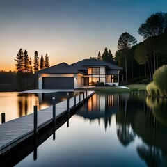 Fototapeta premium A black and white luxury home with a two car garage and black door, professional landscaping, and a lake in the background at sunset.AI generated