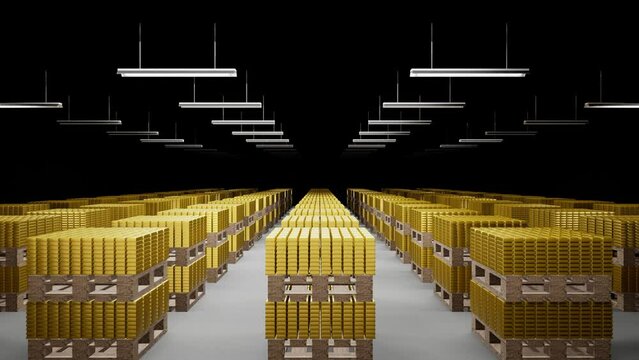4K vault gold brick multi-angle 3D rendering animation