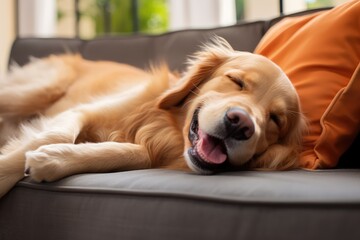 happy golden retriever dog is lying on a cozy sofa - obrazy, fototapety, plakaty