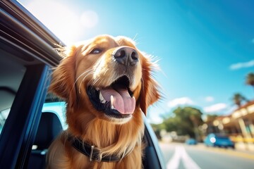 happy golden retriever dog is sitting in a blue car