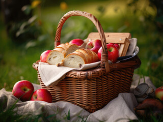 Picnic basket with apples and bread outdoors