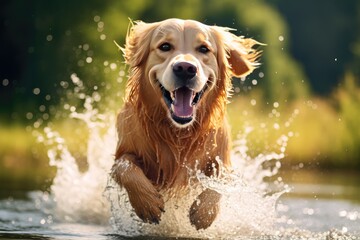 happy golden retriever dog running through splasing water - obrazy, fototapety, plakaty