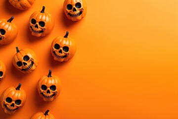 Happy halloween flat lay mockup with pumpkins and skulls - obrazy, fototapety, plakaty
