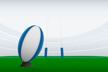 Preparing for kick in rugby game, striking the ball to send it between the goal posts.