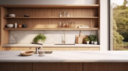 Fototapeta premium Cozy kitchen interior with bar countertop and wooden shelves near window at modern house.