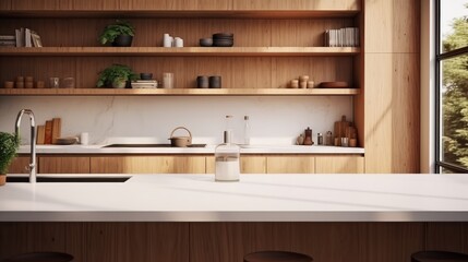 Fototapeta na wymiar Cozy kitchen interior with bar countertop and wooden shelves near window at modern house.