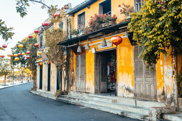 street view of hoi an old town, vietnam - obrazy, fototapety, plakaty