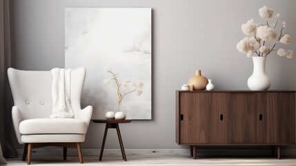 Cozy living room interior design with mock up poster frame and white fluffy armchair, Modern style.