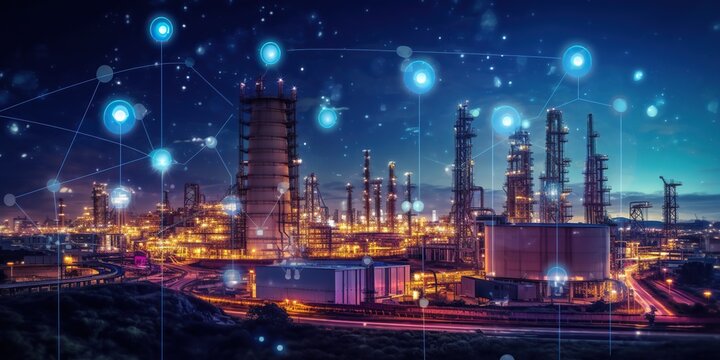 Industry 4.0 concept Oil refinery Industrial plant concept uses robot system and icon system.