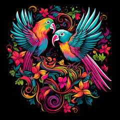 Obraz premium Parrots among flowers in colourful pop art style.