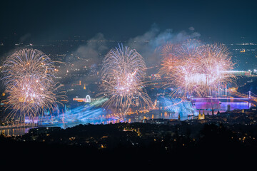 Fireworks display in Budapest 08.20.2023. Saint Stephen king memorial day, New bread's celebration...