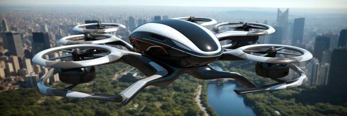 Future transport concept, Futuristic manned passenger drone flying in the sky over modern city.