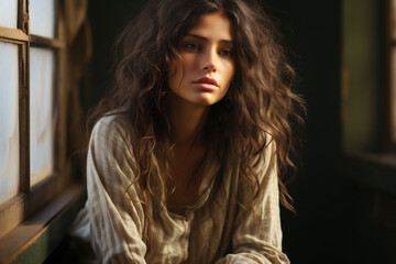 Fototapeta premium Beautiful sad and poor depressed woman sitting by the window and looking into the distance. Copy space