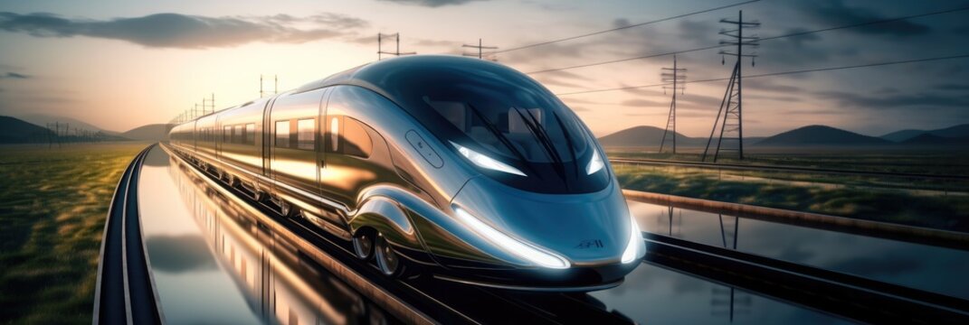 Futuristic bullet train or hyperloop ultrasonic train cabsul with full self driving system activated for fast transportation in the city of the Future.