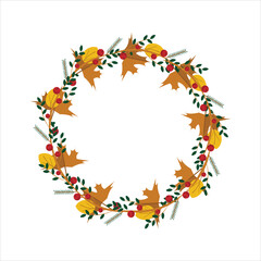 Autumn leaves wreath.Round frame with maple leaves, cranberries, spruce branches, aspen leaves.Postcard, invitation design.Digital illustration.