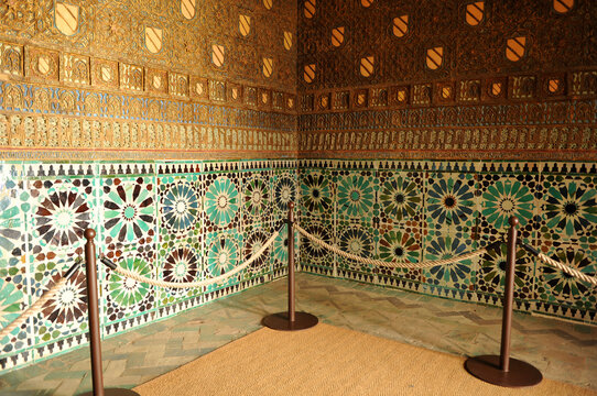 Arab tiles alicatados inside the Mudejar chapel of St. Bartholomew (San Bartolomé) in Cordoba, Andalusia, Spain 