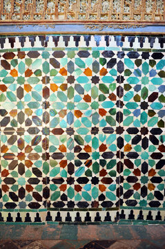 Arab tiles socle inside the Mudejar chapel of St. Bartholomew (San Bartolom&eacute;). Cordoba, Andalusia, Spain. Alicatados mosaic