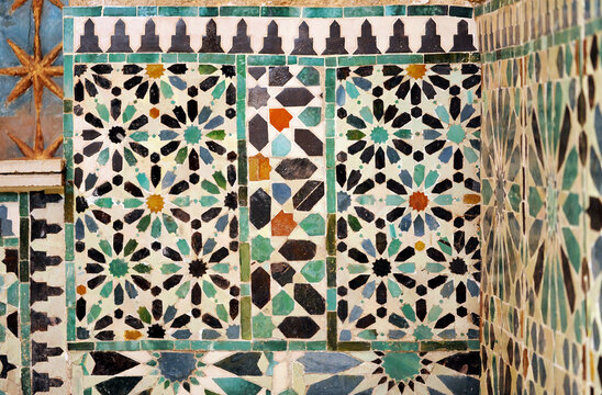Arab tiles socle inside the Mudejar chapel of St. Bartholomew (San Bartolom&eacute;). Cordoba, Andalusia, Spain. Alicatados mosaic