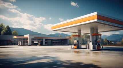 Modern Gas Station with refueling. - obrazy, fototapety, plakaty