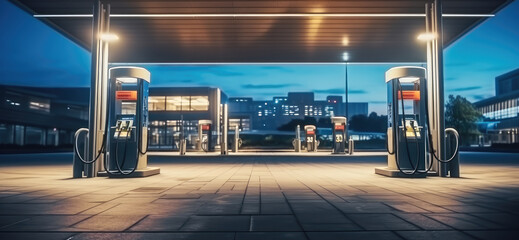 The gas station is well lit at night. - obrazy, fototapety, plakaty