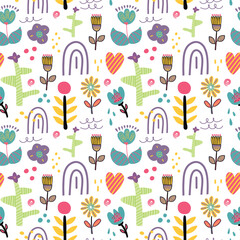 Seamless vector floral pattern with branch, heart, flowers, rainbow and leaves.