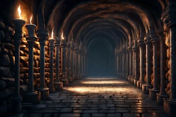 Scary endless medieval catacombs with torches. Mystical nightmare concept. 3D Rendering. 3d render - obrazy, fototapety, plakaty