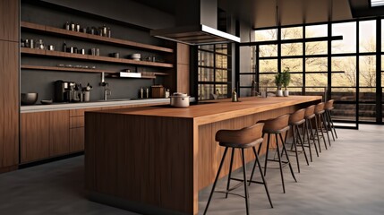 Cozy kitchen interior with bar, Creative composition of dining room interior.