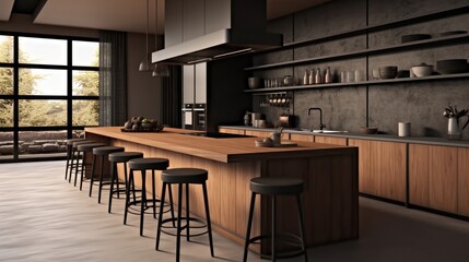 Fototapeta premium Cozy kitchen interior with bar, Creative composition of dining room interior.