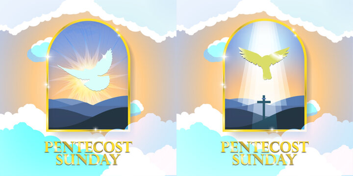 Pentecost Sunday Greeting Concept Symbol. Celebrated on fifty days after Easter. Whitsunday. Dove in heaven, golden frame. Holy spirit ascending. Vector Illustration. EPS 10. Editable.
