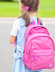 cute little girl with pink backpack goes to school at first day