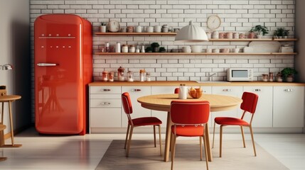 Interior of kitchen with red fridge, counters, shelves, table and chairs, Cozy House Interior.