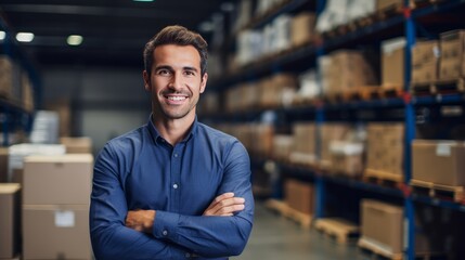 Smiling portrait of a male supervisor standing in warehouse with his arm crossed looking at camera