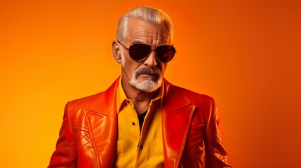 White bearded dreamer old man wear sunglass on red leather jacket & shirt with an yellow & orange gradient background. - obrazy, fototapety, plakaty
