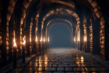 Scary endless medieval catacombs with torches. Mystical nightmare concept. 3D Rendering. 3d render 