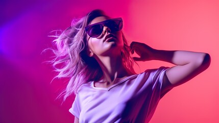 Stylish African American model women wear sunglass watching on camera standing giving pose with an pink gradient background.