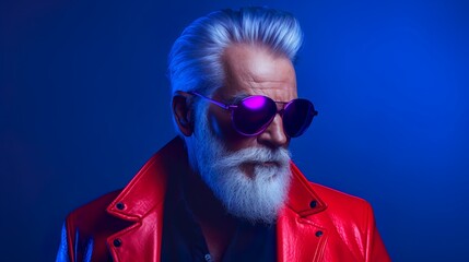 Portrait of white bearded stylish old man wear black sunglass on red leather jacket on a blue gradient background.