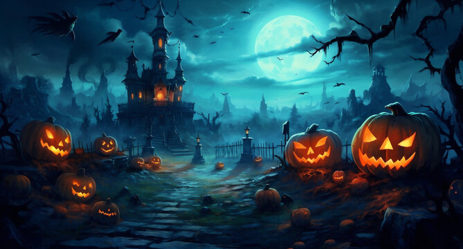 holiday halloween grave horror pumpkin moon bat dark cemetery night. Generative AI.