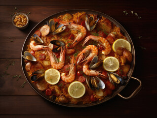 Closeup of appetizing paella dish with seafood