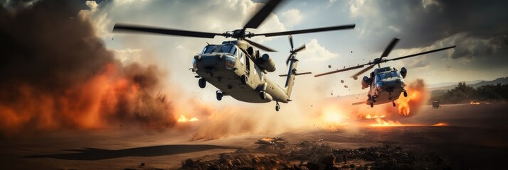 Generic military chopper crosses fire and smoke in the desert during an extraction mission at war zone. - obrazy, fototapety, plakaty