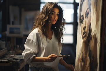 a woman artist paints a portrait of a woman on a canvas with paints. generative ai.