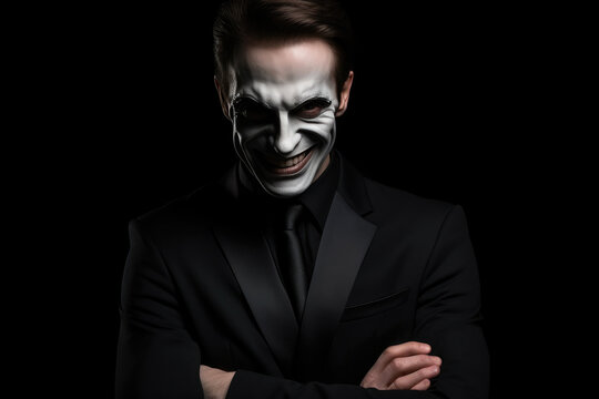 Man in a black suit with an evil smile on a black background