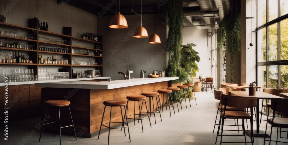 Poster modern cafe with bar and chairs with concrete walls and light from windows.