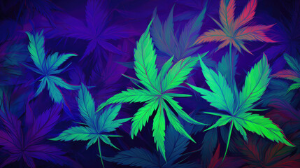 Fototapeta na wymiar Lush Cannabis Leaves in Vivid Blue and Green