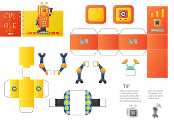 Cut and glue robot toy vector illustration, worksheet. Paper craft and small pieces model