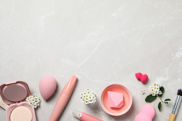 Decorative cosmetics on light background, space for text