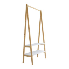 Wooden stand shelves on white background. Interior design Inspiration. Furniture modern inspiration. Home living.