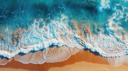 Fototapeta na wymiar Aerial top down view of ocean waves on the beach