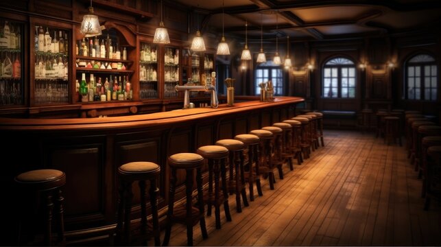 Traditional bar or pub interior with wooden paneling and countertops.